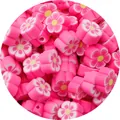 Vibrant rose pink flower shaped polymer clay beads with yellow centers for DIY jewelry - Flower / 30 Pieces/Pack (10mm Diameter x 4mm Thickness) / Rose Red