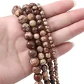 Natural picture jasper beads in mixed brown colors for jewelry making with size comparison - Jasper