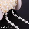 Creamy white 1cm ABS faux pearl trim with double row rhinestone beads for DIY sewing - Half Pearl Mix Style