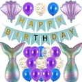 Mermaid party set with purple shell balloons, tail foils, and happy birthday banner - Blue And Green Mermaid Style