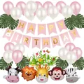 Detailed view of animal foil balloons and happy birthday banner for party decoration - Pink