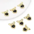 Exquisite golden alloy bow pendants with black faceted heart stones for DIY jewelry craft - Peach Style (Black Rhinestone/Pendant Only (Without Chain)) / 1 Piece (19x19mm) / Gold