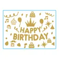 Goldene Happy Birthday Ballonaufkleber mit Cupcake-Krone und Party-Symbolen - Gold