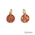 Traditional round gold pendant with red enamel, green gemstone, and blessing text - Good Fortune and Prosperity / 12x14mm (1 Piece) / Gold