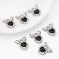 Silberner Schleifen-Herzanhänger mit schwarzem Edelstein in elegantem Design - Pfirsich-Stil (Schwarzer Stein/Nur Anhänger) / 1 Stück (19x19mm) / Silber