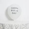 Close-up of white latex birthday balloon with black Happy Birthday print and holder - White Happy Birthday Print