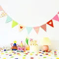 Birthday party decoration set with colorful banner, hats, glasses and cake topper - Heart Triangle Bunting Flag