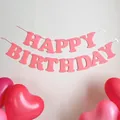 Pink Happy Birthday banner with pastel heart balloons for kids party decoration - Pink
