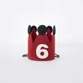 Red felt crown birthday hat for kids featuring white number 6 and elastic strap - Number 6