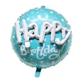 Blue round foil balloon with white dots and 3D Happy Birthday script for party decor - Round / Blue