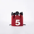 Red felt 5th birthday crown hat with white number and black pom poms for photo props - Number 5