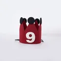 Red felt birthday crown with black pompom and white number 9 for kids party photography - Number 9