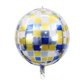 Detail of 4D silver blue and yellow disco ball balloons with grid pattern and starbursts - Blue Gold Disco Ball