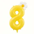 Dettaglio palloncino giallo numero 8 con piccolo fiore margherita per festa compleanno - Numero 8