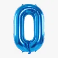 Close-up of blue number 0 foil balloon with metallic finish and hanging loops for parties - Blue Number 0