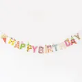 Pancarta Happy Birthday de papel colorido con dibujos de gorros de fiesta y pasteles - Banner de Cumpleaños en Inglés Mr. Mustache