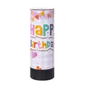 Lavendelfarbene Happy Birthday Konfettikanone mit bunten Partymustern für Geburtstagsfeiern - Englischer Happy Birthday Stil / 10cm
