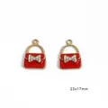 Red enamel handbag pendant with white crystal bow and gold metal base for DIY jewelry - Handbag Style / 2 Pieces (23x17mm) / Red