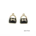 Black enamel handbag charm with rhinestone bow in gold alloy finish, 23x17mm size - Handbag Style / 2 Pieces (23x17mm) / Black
