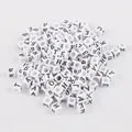 Macro shot of white acrylic square beads featuring black Cyrillic letters for DIY jewelry - Cyrillic Alphabet Style (BSD355) / 100 Pieces/Pack (6x6mm) / White and Black