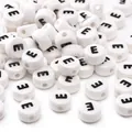 Flat round white ceramic beads with black letter E for DIY jewelry and phone chains - 8x4mm (1.5mm Hole) - 5 Pieces/Pack / Letter E