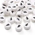 Flat round white ceramic bead featuring a black letter F for DIY jewelry making - 8x4mm (1.5mm Hole) - 5 Pieces/Pack / Letter F