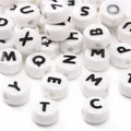 Flat round white ceramic alphabet beads with black letters for DIY jewelry making - 8x4mm (1.5mm Hole) - 5 Pieces/Pack / M