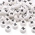 Flat round white ceramic bead with black letter Z for DIY jewelry making and crafts - 8x4mm (1.5mm Hole) - 5 Pieces/Pack / Letter N