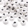 White ceramic alphabet bead with letter P for DIY jewelry and phone chain making - 8x4mm (1.5mm Hole) - 5 Pieces/Pack / Letter P