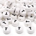 White flat round ceramic bead with black letter T for DIY bracelet jewelry making - 8x4mm (1.5mm Hole) - 5 Pieces/Pack / Letter T