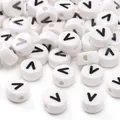 Flat round white ceramic beads with black letter V for DIY jewelry bracelets - 8x4mm (1.5mm Hole) - 5 Pieces/Pack / Letter V