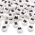White round ceramic bead with black letter M for DIY handmade bracelet jewelry making - 8x4mm (1.5mm Hole) - 5 Pieces/Pack / Letter W