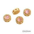 Goldene Emaille-Perle mit rosa Katzenauge-Stein und weißem Zirkon, 12x12mm DIY-Schmuck - Runde Perle (12mm) / 1 Stück / Rosa