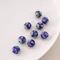Blue enamel round spacer beads with golden mantra symbols for DIY jewelry making - Buddhist Scripture Series - Six-Character Mantra Round Bead / 1 Piece Pack (8mm) / Blue