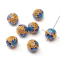 Golden alloy enamel flower charm bead with blue gradient petals for jewelry DIY - Floral Leaf Series - Lotus Four-Hole Round Bead / 1 Piece (12mm) / Blue