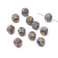 Blue cloisonne enamel hollow beads with floral pattern for DIY jewelry crafts - Floral Leaf Series - Square-Round Spacer Bead / 1 Piece Pack (8mm) / Blue