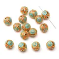 Golden filigree DIY jewelry beads with blue orange enamel and Chinese auspicious words - Color Series - 'Ping An Xi Le' Bead / 1 Piece/Pack (10mm) / Orange Blue