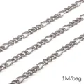 Silver stainless steel flat link DIY chain with diamond-cut finish, 1 meter per bag - Threaded Starry Sky Figaro Chain