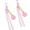 Pink woven nylon smiley face keychain with green decorative ring and metal clasp - Pink