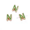 Green enamel 10mm letter N alphabet bead with gold metal trim for DIY jewelry making - Letter N