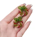 Handmade Christmas wreath earrings with red and green beads and a green ribbon bow - Wreath Shape / 1 Piece/Pack (25x25mm) / Red and Green