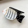 Cute white acetate fish hair claw clip with black wave lines and polka dots patterns - White