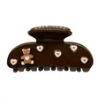 Dark brown acetic acid hair claw with cute bear and sparkly white heart accents - Brown Bear
