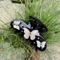 Elegant black hair claw clip with pink butterfly wings and green crystal accents - Black 3D Rhinestone Butterfly