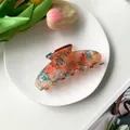 Detailed top view of a large translucent coral orange hair claw clip on a minimalist plate - Coral Orange Grid Pattern (1)