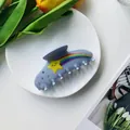 Pinza per capelli in acetato azzurro con stella, strass colorati e faccina sorridente - 10.5cm / Blu