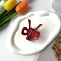 Elegant deep red acetate bow hair claw clip on a white decorative tray with tulips - 6.5*5cm / Red