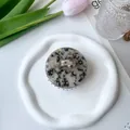 Detailed macro view of a round acetate hair claw with elegant grey tortoiseshell patterns - Ink