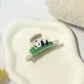 Cute panda on green bamboo hair claw clip in cream white finish for women and girls - Panda