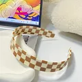 Vintage brown and beige checkerboard wide headband with a glossy resin finish for women - Orange Check
